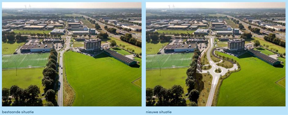 Links de bestaande situatie, rechts de nieuwe situatie waar de rotonde is toegevoegd